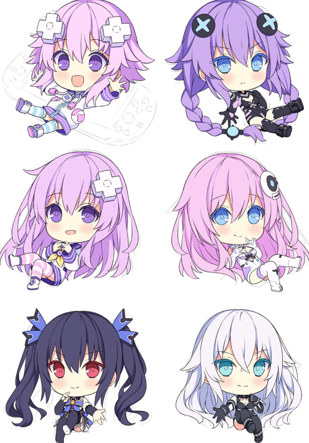 6+girls aqua_eyes black_hair black_heart_(neptunia) blue_eyes blush braid closed_mouth commentary d-pad d-pad_hair_ornament drawstring elbow_gloves english_commentary gloves hair_between_eyes hair_ornament hair_ribbon handheld_game_console hitsukuya hood hooded_jacket hoodie jacket leotard long_hair looking_at_viewer multiple_girls nepgear neptune_(neptunia) neptune_(series) noire_(neptunia) open_mouth pink_hair playstation_vita purple_eyes purple_hair purple_heart_(neptunia) purple_sister red_eyes ribbon short_hair simple_background striped_clothes striped_legwear striped_thighhighs thighhighs twin_braids twintails usb white_background white_hair
