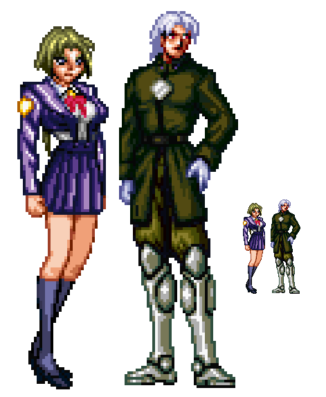 1990s_(style) asahina_ryo asahina_suzu brother_and_sister choujin_gakuen_gowcaizer game green_hair pixel_art platonic_twins school_uniform siblings silver_hair