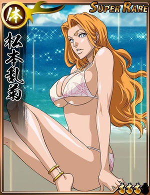 bleach breasts card_(medium) huge_breasts kubo_tite long_legs looking_at_viewer lowres matsumoto_rangiku non-web_source official_art orange_hair swimsuit wavy_hair