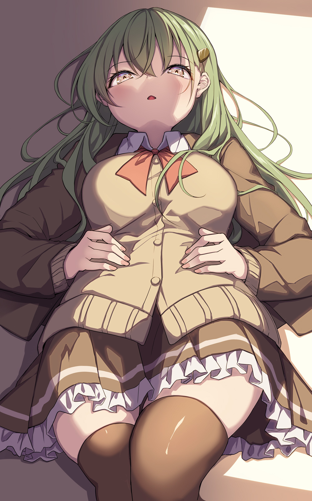1girl ascot blazer breasts brown_jacket brown_skirt brown_thighhighs cardigan creek_(moon-sky) frilled_skirt frills green_hair grey_eyes hair_between_eyes hair_ornament hairclip highres jacket kantai_collection large_breasts long_hair looking_at_viewer lying miniskirt on_back open_mouth pleated_skirt red_ascot school_uniform skirt smile solo suzuya_(kancolle) suzuya_kai_ni_(kancolle) thighhighs very_long_hair