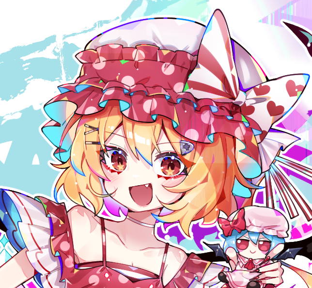 +_+ 1girl alternate_costume bat_wings blonde_hair blue_hair collarbone fang flandre_scarlet hair_ornament hat heart internet_survivor looking_at_viewer mob_cap open_mouth portrait red_eyes remilia_scarlet short_hair short_sleeves sia_6767 smile spaghetti_strap touhou upper_body wings
