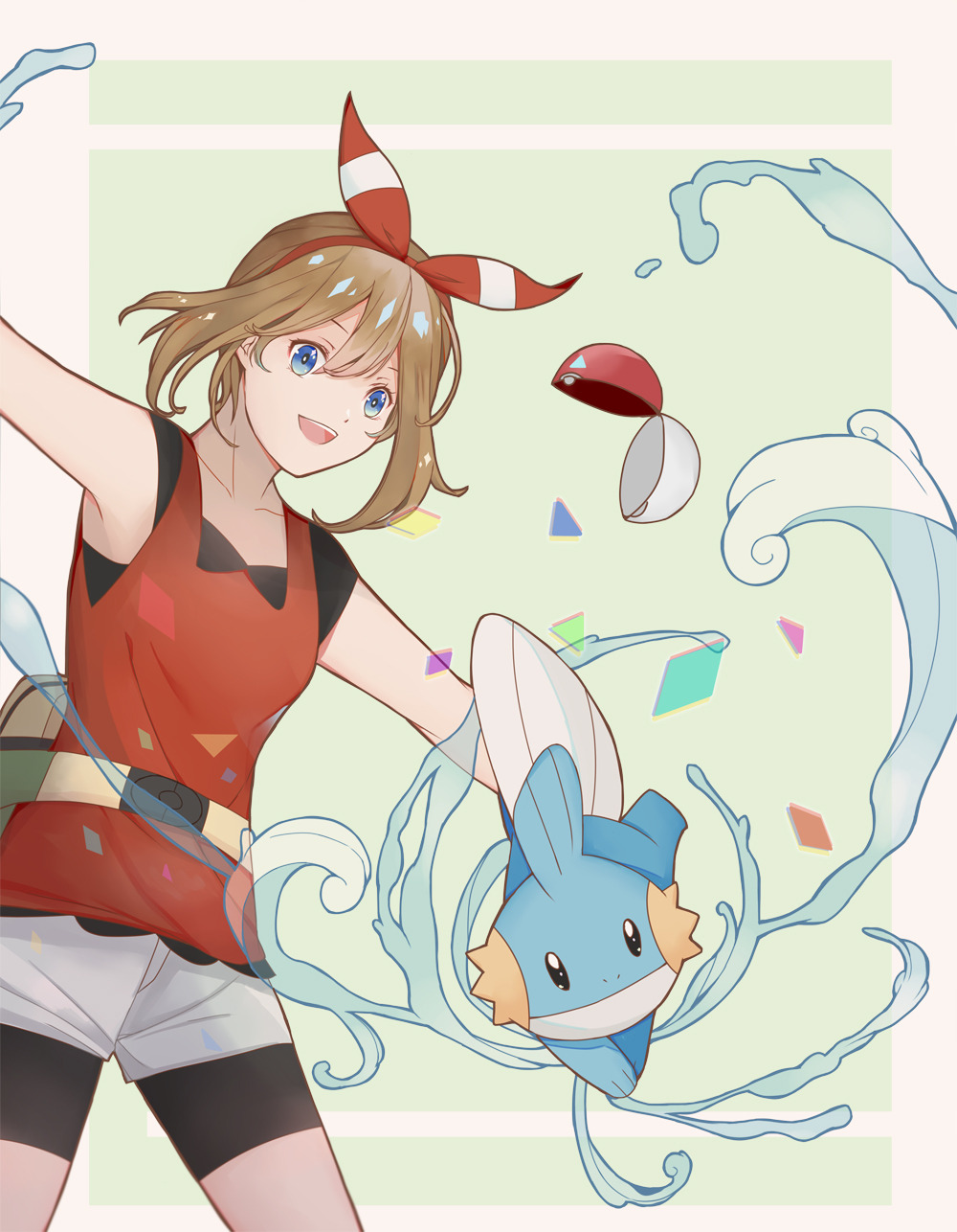 1girl :d bike_shorts bike_shorts_under_shorts blue_eyes blush bow_hairband breasts brown_hair gen_3_pokemon hairband highres may_(pokemon) mudkip nintendo open_mouth open_poke_ball poke_ball pokemon pokemon_(creature) pokemon_oras raphim-thille red_hairband shirt shorts sleeveless sleeveless_shirt smile standing teeth tongue upper_teeth_only white_shorts