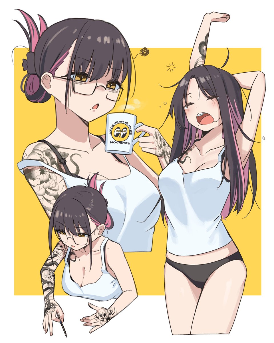 1girl arm_tattoo black_panties border breasts brown_hair camisole cleavage cup glasses hand_tattoo haow highres holding holding_cup long_hair medium_breasts mole mole_under_mouth mug multicolored_hair open_mouth original panties pink_hair shizuku_inoue_(haow) smile streaked_hair tattoo tattoo_sleeve tearing_up triangle_mouth underwear white_border white_camisole yawning yellow_background