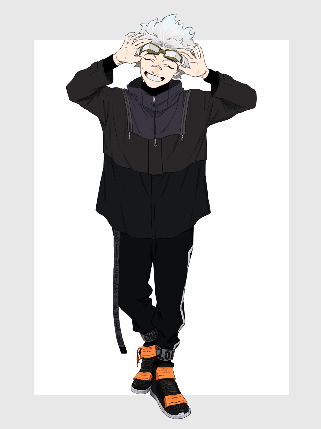 1boy band_(music) black_footwear black_jacket black_pants boku_no_hero_academia border full_body goggles goggles_on_head grey_border grin highres jacket long_sleeves loud_cloud male_focus pants rnuyvm short_hair smile white_hair zipper_pull_tab