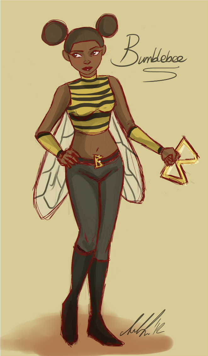 10s 1girl 2012 artist_request bee_costume belt black_hair boots brown_eyes bumble_bee cartoon_network character_name crop_top dark_skin dated dc_comics double_bun full_body hair_bun hand_on_own_hip insect_wings karen_beecher lipstick makeup midriff pants raised_eyebrow shirt signature sleeveless standing striped_clothes striped_shirt teen_titans two-tone_stripes vambraces weapon wings