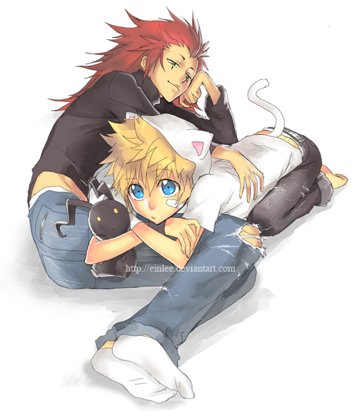 2boys animal_ears axel barefoot blonde_hair cat_boy cat_ears cat_tail denim ein_lee feet green_eyes heartless jeans kingdom_hearts long_hair lying male_focus multiple_boys pants red_hair roxas shadow_(kingdom_hearts) short_hair socks stuffed_animal stuffed_rabbit stuffed_toy tail