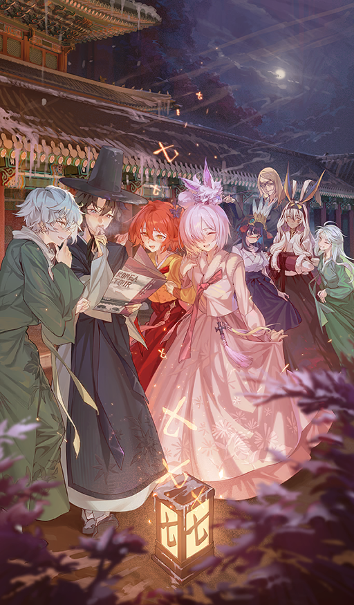 3boys 5girls :d ;) animal_ears architecture aztec black_hair black_hat blonde_hair blue_eyes blue_hair blue_streaks breasts chima_(clothes) chin_strap closed_eyes closed_mouth cloud colored_inner_hair commentary_request covered_mouth covering_own_mouth creature creature_on_head curtained_hair dark-skinned_female dark-skinned_male dark_skin east_asian_architecture english_text expressionless fate/grand_order fate_(series) fou_(fate) fujimaru_ritsuka_(female) fujimaru_ritsuka_(male) gat_(hat) green_hair hair_between_eyes hair_over_one_eye hanbok hand_on_own_chin hand_over_own_mouth hat headdress holding hxxg jeogori_(clothes) kadoc_zemlupus korean_clothes korean_commentary kukulkan_(fate) lantern long_sleeves looking_down lord_camelot_(fate) mash_kyrielight medium_hair moon multicolored_hair multiple_boys multiple_girls night night_sky nitocris_(fate) nitocris_alter_(fate) official_alternate_costume official_art one_eye_closed one_eye_covered one_side_up open_mouth orange_eyes orange_hair outdoors pink_hair rabbit_ears reading scar scar_on_face scar_on_nose short_hair skirt_hold sky smile standing tenochtitlan_(fate) tezcatlipoca_(fate) third-party_source two-tone_hair white_hair yellow_eyes