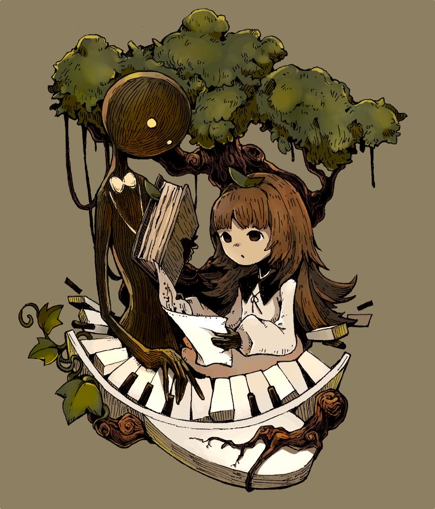 1girl alice_(deemo) book brown_hair chomahu deemo deemo_(character) dress grey_background holding holding_book instrument keyboard_(instrument) long_hair plant plant_roots sheet_music simple_background tree vines white_dress