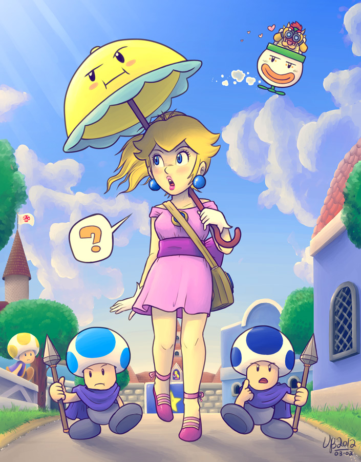 1girl 4boys ? alternate_costume binoculars blonde_hair blue_eyes blue_sky blue_toad_(mario) bodyguard bowser building cape castle cloud cloudy_sky dated dress earrings food fruit gloves jewelry koopa_clown_car lips mario_(series) multiple_boys nintendo open_mouth parasol pear perry_(mario) princess_peach skirt sky speech_bubble super_princess_peach thebourgyman toad_(mario) umbrella walking yellow_toad_(mario)