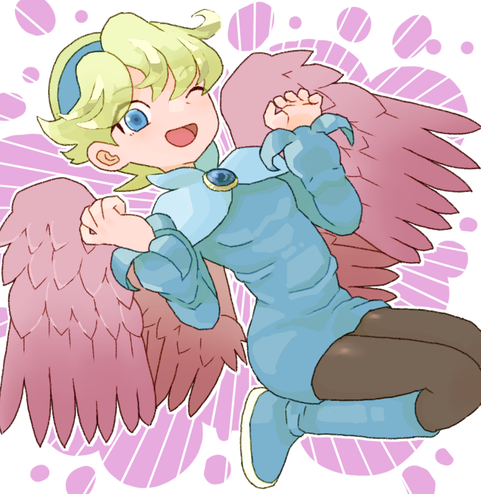 1girl ;d black_pantyhose blonde_hair blue_boots blue_dress blue_eyes blue_hairband boots breath_of_fire breath_of_fire_iv dress eyes_visible_through_hair feathered_wings hairband knee_boots long_sleeves nina_(breath_of_fire_iv) one_eye_closed open_mouth pantyhose purple_wings short_dress short_hair sicky_(pit-bull) smile solo wings