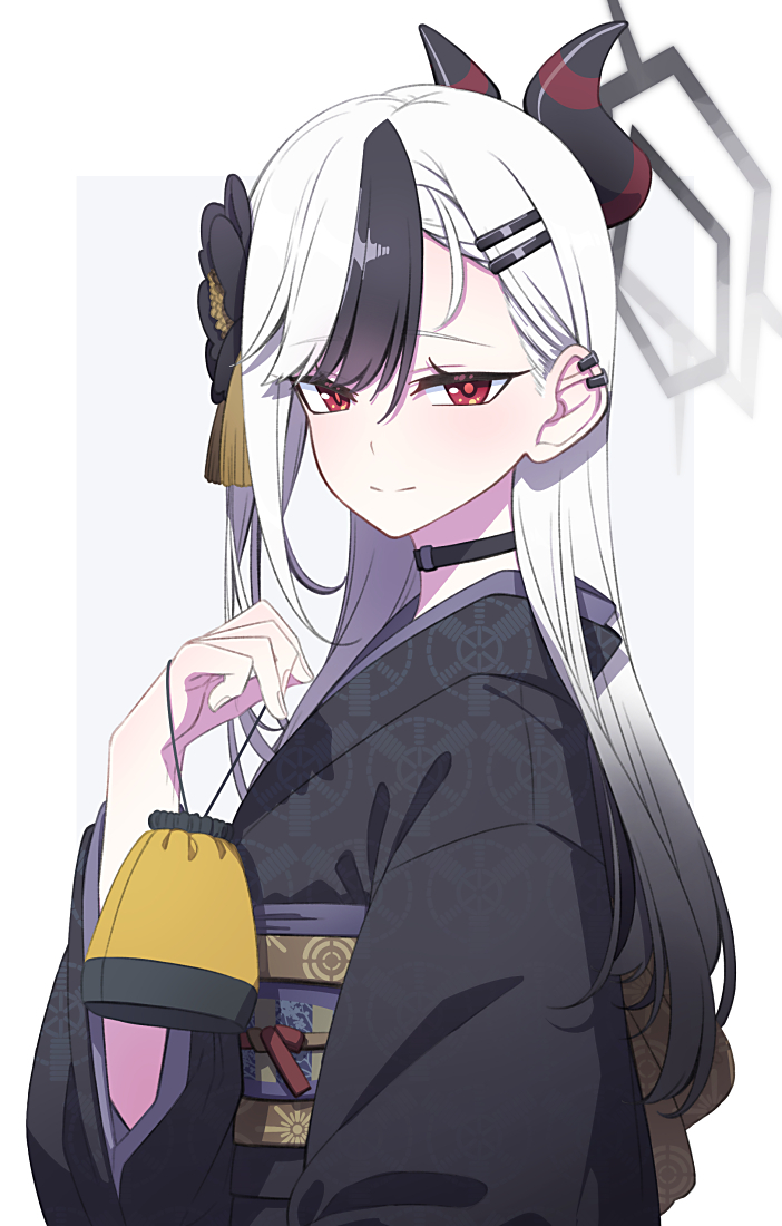 1girl blue_archive kayoko_(blue_archive) kayoko_(new_year)_(blue_archive) long_hair looking_at_viewer multicolored_hair red_eyes sakuraba_yuuki simple_background smile solo streaked_hair white_hair