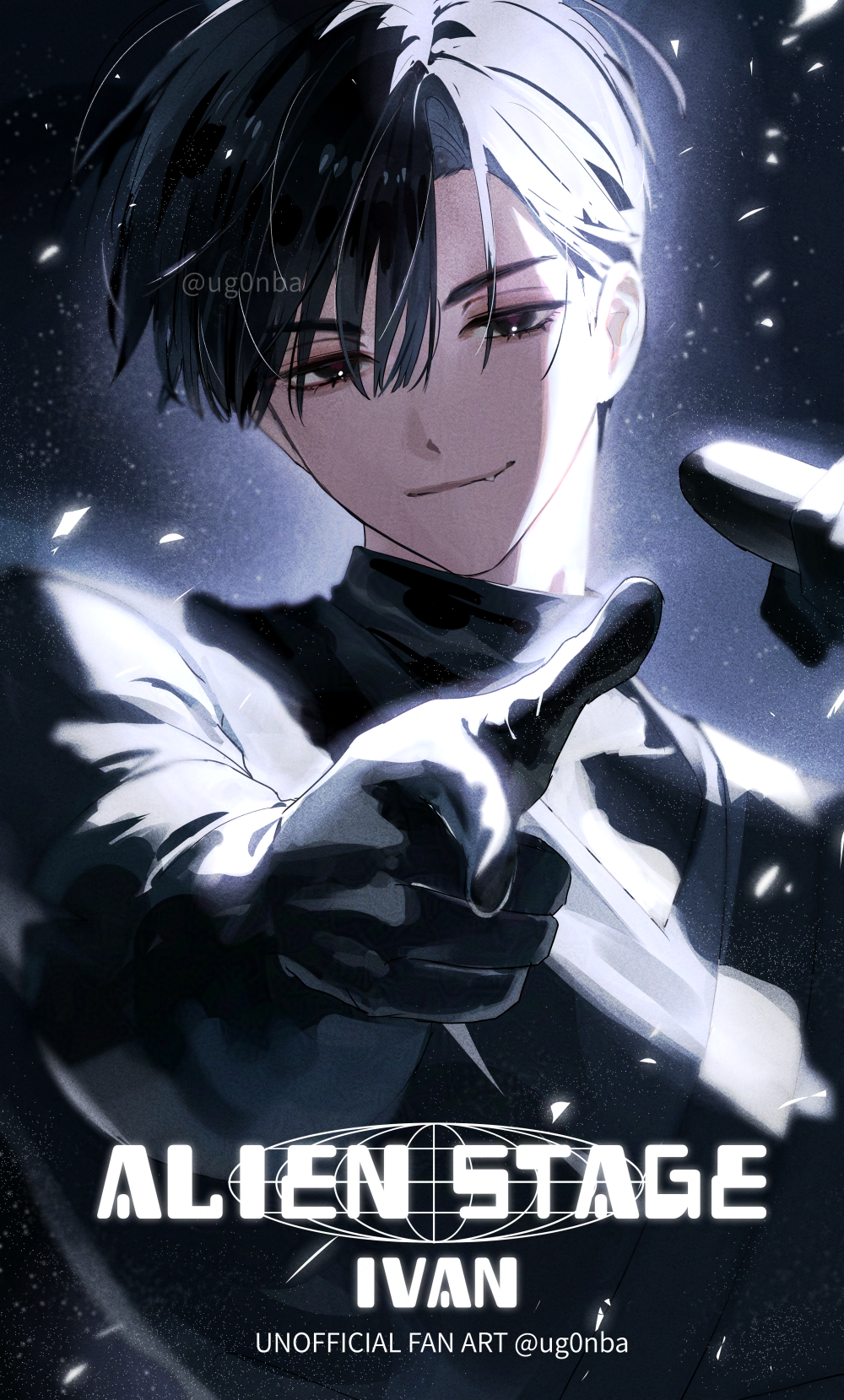 1boy alien_stage artist_name black_coat black_eyes black_gloves black_hair black_shirt character_name coat commentary_request copyright_name fang gloves highres ivan_(alien_stage) male_focus pointing pointing_at_viewer red_pupils shirt short_hair smile solo star_(sky) turtleneck turtleneck_shirt ugonba_(howatoro) upper_body very_short_hair