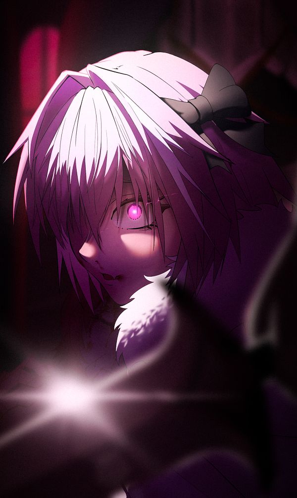 1boy astolfo_(fate) black_bow blood bow braid fate/apocrypha fate_(series) glowing glowing_eyes hair_ornament hiroto_xiangshaozhu long_hair non-web_source overhead_lights pink_hair pixiv solo sword trap weapon
