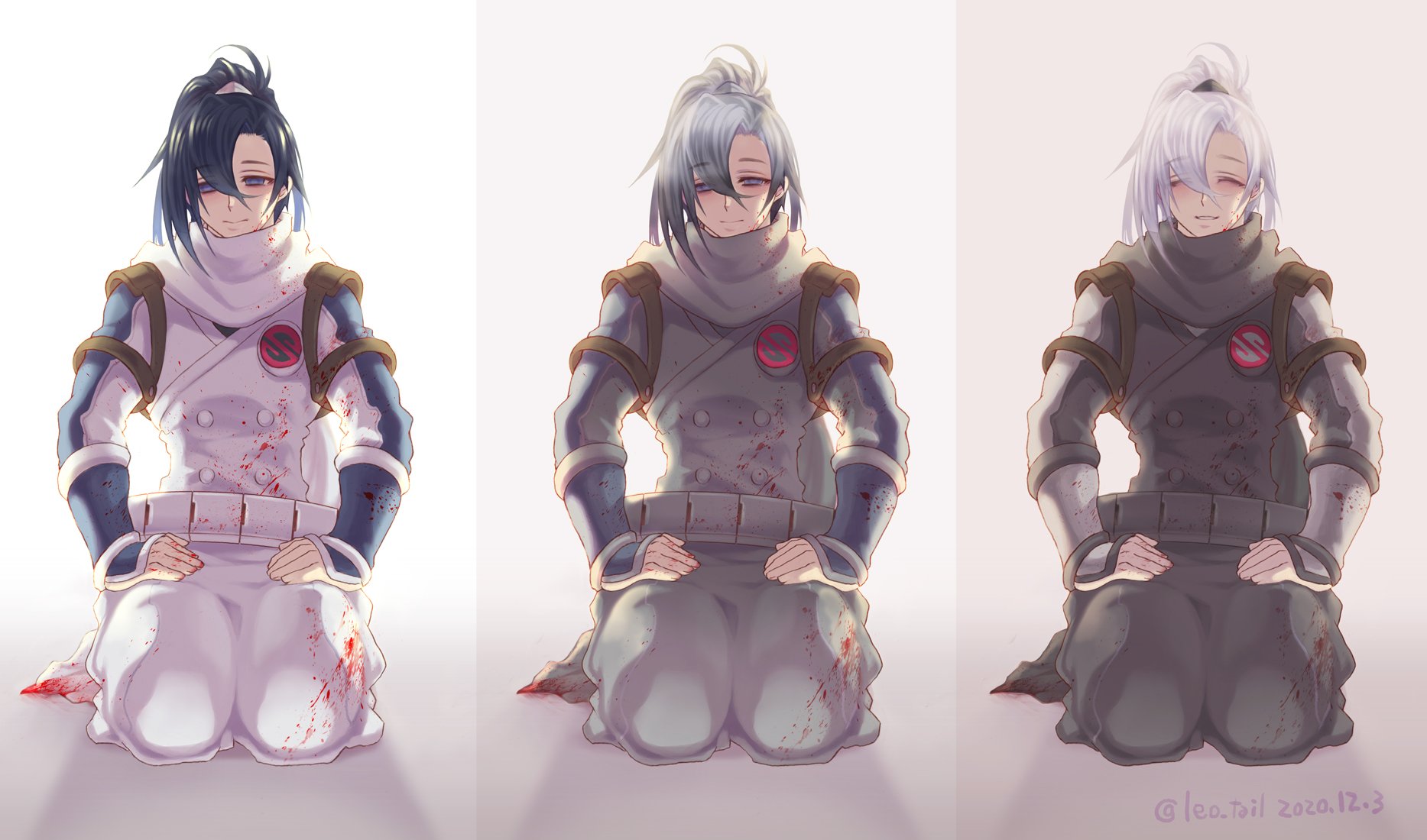 1boy alternate_color alternate_hair_color black_hair blood blood_on_clothes blood_on_face blue_eyes dated gradient_hair grin hair_between_eyes hands_on_own_legs highres leo_tail long_hair male_focus multicolored_hair multiple_views ponytail progression seiza simple_background sitting smile strider_(video_game) strider_hien twitter_username white_background white_hair