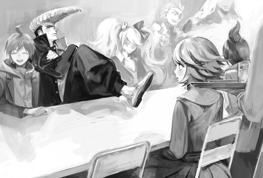 4boys 4girls ^_^ ahoge arm_on_table asahina_aoi baggy_pants beard blazer blush bow breasts cleavage clenched_hand closed_eyes closed_mouth collarbone collared_coat collared_jacket collared_shirt cosplay crossdressing crossed_arms danganronpa:_trigger_happy_havoc danganronpa_(series) enoshima_junko enoshima_junko_(cosplay) expressionless face-to-face facial_hair feet_on_table food from_behind fujisaki_chihiro glass goatee greyscale hair_bow hair_ornament happy high_collar high_ponytail holding holding_tray hood hood_down hooded_jacket ikusaba_mukuro jacket kuwata_leon lapels light_frown lips loafers long_hair long_sleeves looking_at_another maizono_sayaka miniskirt monochrome multicolored_hair multiple_boys multiple_girls muscular muscular_female naegi_makoto naoko_(artist) notched_lapels ogami_sakura on_chair open_clothes open_jacket open_mouth owada_mondo pants plate pleated_skirt ponytail rabbit_hair_ornament sailor_collar shirt shoes short_hair short_ponytail shy sitting skirt smile sweatdrop teeth tied_beard trap tray twintails two-tone_hair updo upper_teeth_only water zipper