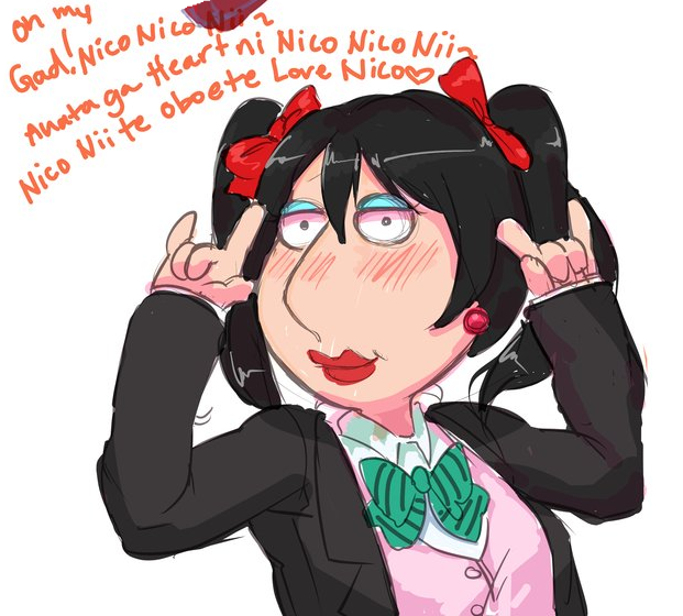 1girl \m/ black_hair black_jacket blue_eyeshadow blush bow bowtie cardigan cardigan_under_jacket closed_mouth collared_shirt cosplay double_\m/ earrings english_text eyeshadow family_guy green_bow green_bowtie hands_up jacket jewelry lewdishsnail lipstick lois_griffin love_live! love_live!_school_idol_project makeup medium_hair nico_nico_nii open_clothes open_jacket otonokizaka_school_uniform parody pink_cardigan red_lips school_uniform shirt simple_background solo style_parody twintails upper_body what white_background white_shirt yazawa_nico yazawa_nico_(cosplay)