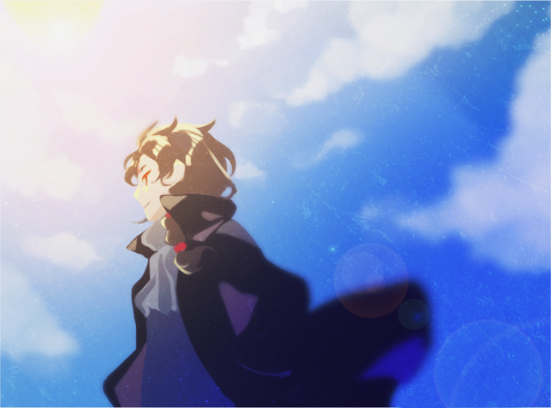 1boy black_jacket blue_sky braid chinese_commentary closed_mouth cloud commentary_request day grey_scarf hands_in_pockets harada_minoru jacket lens_flare long_sleeves male_focus no_lineart open_clothes open_jacket outdoors red_eyes saibou_shinkyoku scarf side_braid sky smile solo upper_body yokuhaku