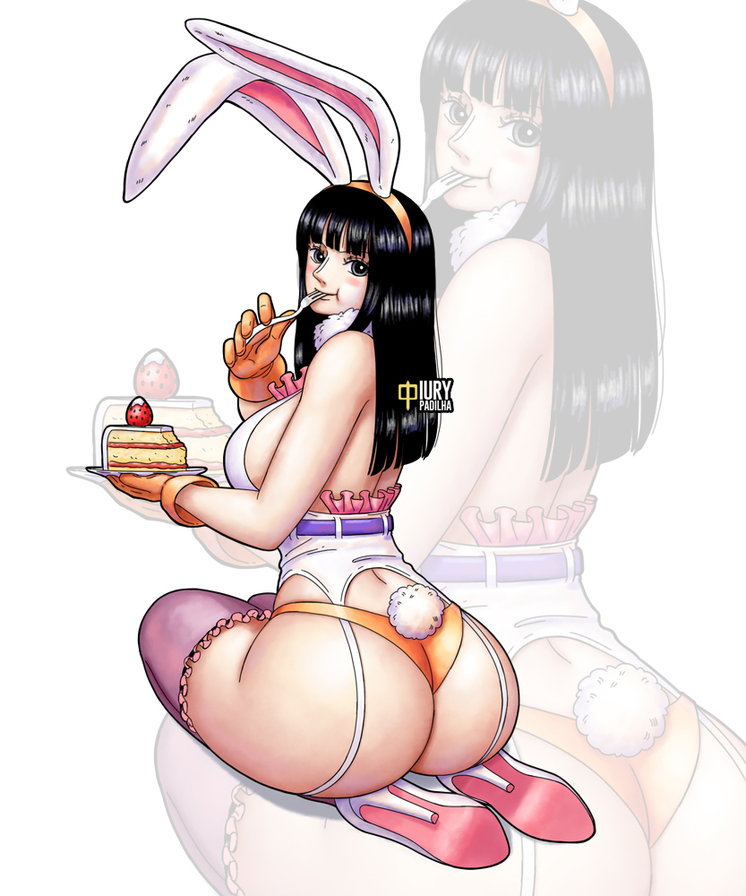 1girl animal_ears artist_name ass backless_outfit bare_back bare_shoulders black_eyes black_hair blush_stickers breasts cake cake_slice easter eating food fork frilled_thighhighs frills fruit full_body fur_collar garter_straps gloves high_heels holding holding_fork huge_ass iury_padilha kneeling leotard long_hair looking_at_viewer looking_back nico_robin one_piece orange_gloves orange_panties panties playboy_bunny rabbit_ears rabbit_tail revealing_clothes sideboob smile solo strawberry tail thighhighs underwear