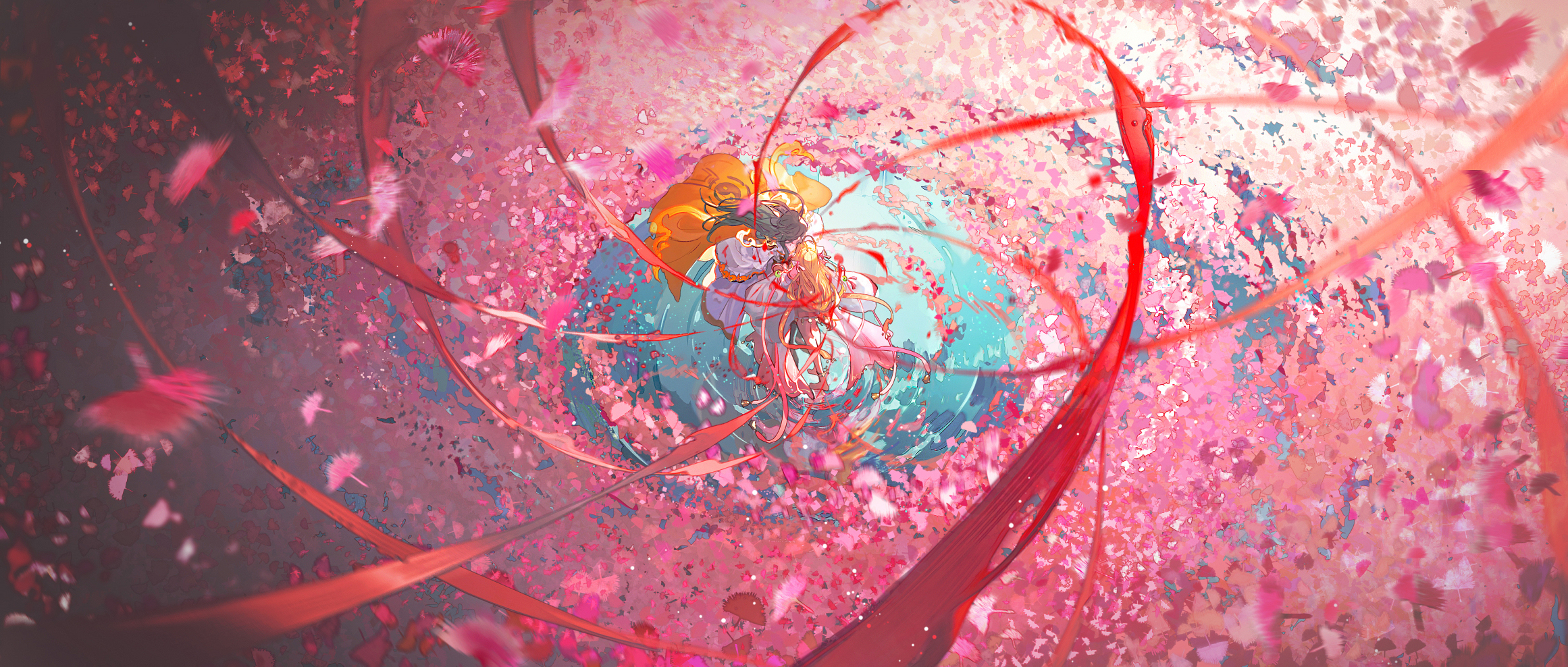1boy 1girl black_hair blonde_hair cherry_blossoms chinese_clothes dancing day flower from_above full_body hanfu highres fox_spirit_matchmaker light_particles long_hair long_sleeves mian_lang orange_hanfu outdoors petals pink_flower pink_hanfu ripples sleeves_past_fingers sleeves_past_wrists spring_(season) standing standing_on_liquid tushan_susu wangquan_baye water white_sleeves wide_sleeves