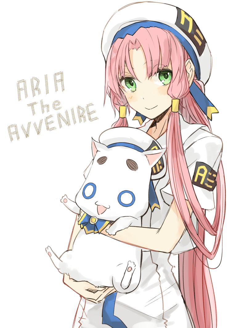 1girl animal aria_(manga) aria_company_uniform aria_pokoteng aria_the_avvenire blue_bow blush bow cat english_text green_eyes hair_tubes hat hat_ribbon holding holding_animal holding_cat long_hair looking_at_viewer miruto_netsuki mizunashi_akari parted_bangs pink_hair ribbon short_sleeves simple_background smile white_background white_headwear