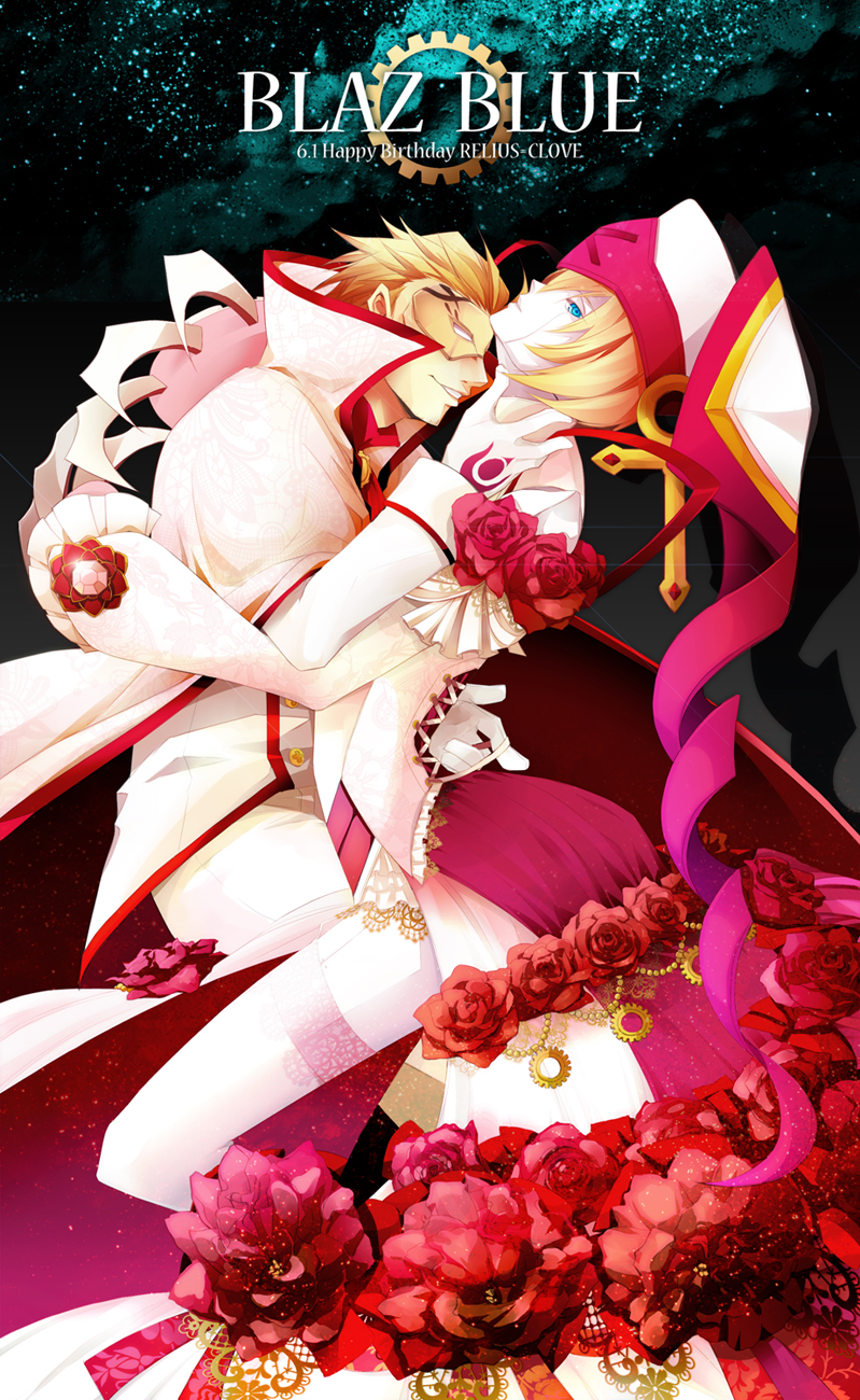 1boy 1girl alternate_color android bad_id bad_pixiv_id blazblue blonde_hair blue_eyes cape character_name claws copyright_name dated dress expressionless flower formal_clothes happy_birthday hat highres ignis_(blazblue) mask motion pink_hat popped_collar red_flower red_rose relius_clover rose shinjou_(motion) short_hair smile suit typo