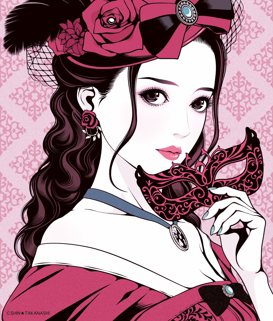 1girl aqua_nails artist_name black_bow black_feathers bow breasts brown_hair cleavage closed_mouth collarbone commentary_request dress earrings eyelashes eyeshadow feathers flower flower_earrings hat hat_bow hat_feather hat_flower holding holding_mask jewelry limited_palette long_hair looking_at_viewer makeup mask medallion necklace original pale_skin pink_background pink_bow pink_dress pink_eyeshadow pink_flower pink_hat pink_lips pink_mask pink_rose portrait purple_eyes rose sidelocks solo spot_color takanashi_shin wavy_hair