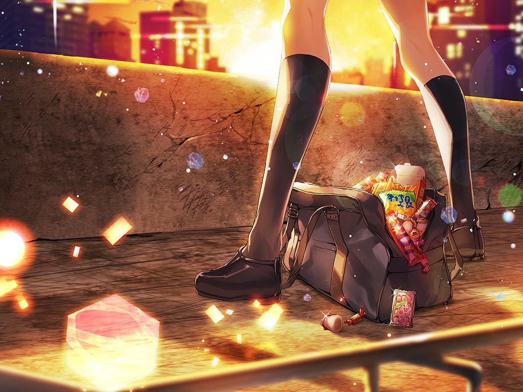 1girl bag black_shoes black_socks blurry blurry_background city food game_cg head_out_of_frame kazari_jun kneehighs loafers lower_body magia_record:_mahou_shoujo_madoka_magica_gaiden mahou_shoujo_madoka_magica official_art shoes socks solo sparkle standing sunset sweets tagme umaibou view_between_legs
