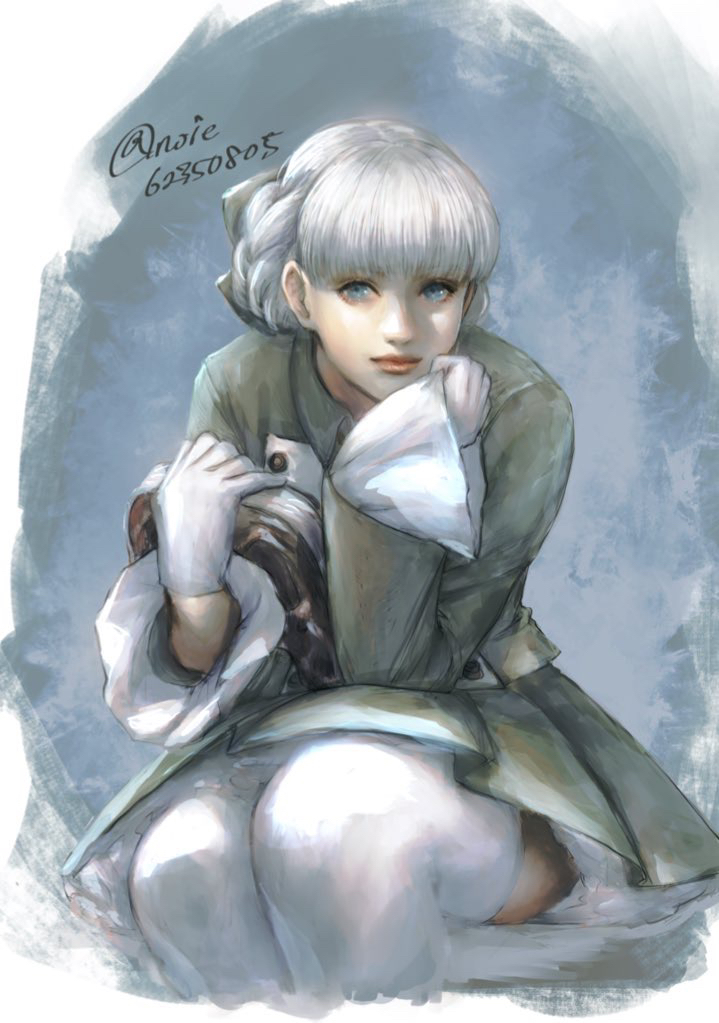 1girl alice_elliot blue_eyes blunt_bangs closed_mouth gloves head_rest holding long_sleeves noie_(neunteedelstein) painterly shadow_hearts short_hair sitting sleeves_past_wrists smile solo thighhighs twitter_username white_gloves white_hair white_thighhighs