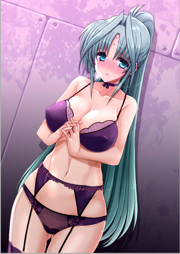 1girl black_bra black_panties blue_eyes blush bra breasts cleavage collarbone covered_erect_nipples female_focus garter_belt garter_straps gluteal_fold green_hair large_breasts lindy_harlaown lingerie long_hair looking_at_viewer lyrical_nanoha mahou_shoujo_lyrical_nanoha mahou_shoujo_lyrical_nanoha_a&#039;s navel open_mouth panties shiwo solo underwear