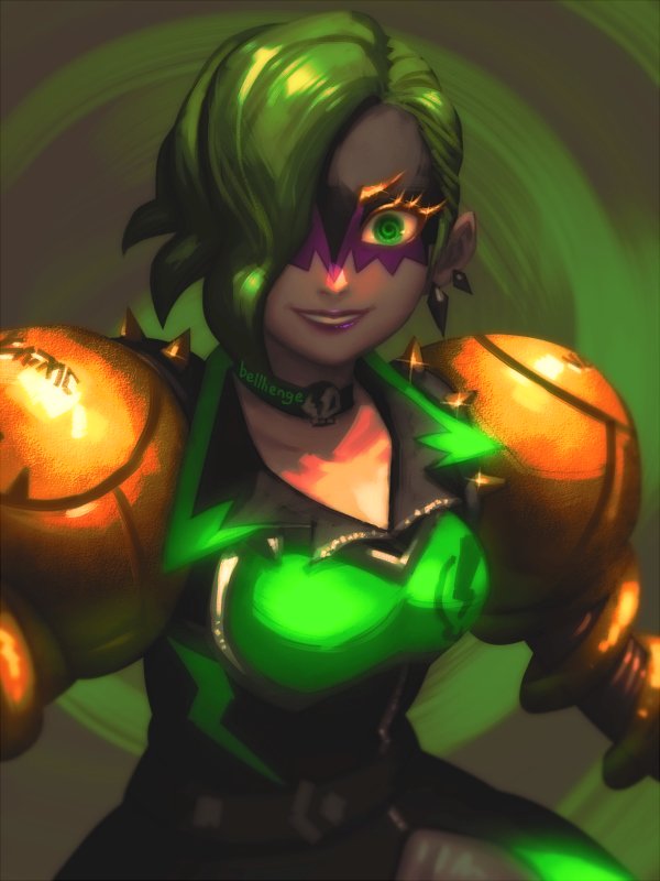 1girl arms_(game) bellhenge boxing_gloves braid domino_mask dr._coyle evil_smile female_focus green_eyes green_hair long_arms long_hair looking_at_viewer mask nintendo smile solo