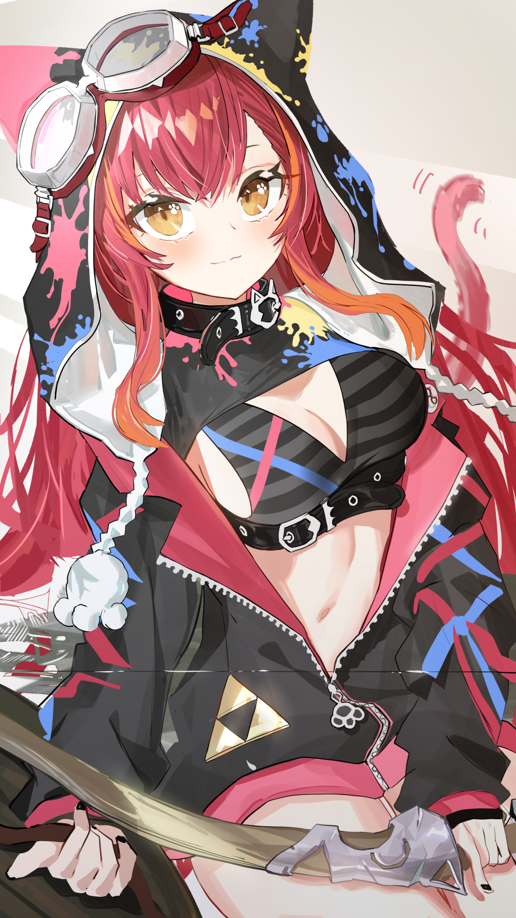 1girl animal_ear_hood belt_collar black_jacket black_nails black_shrug bow_(weapon) bra breasts cat_girl cat_tail chest_belt cleavage closed_mouth collar cowboy_shot fake_animal_ears goggles goggles_on_head hair_between_eyes hair_through_hood highres holding holding_bow_(weapon) holding_weapon hood jacket long_hair long_sleeves navel nekota_tsuna nekota_tsuna_(1st_costume) orange_eyes paint_splatter partially_open_jacket red_hair ryoma_(rym_369) shrug_(clothing) sidelocks simple_background solo striped_bra striped_clothes swept_bangs tail underwear virtual_youtuber vspo! weapon