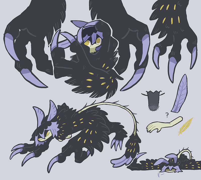 1girl animal_feet black_hair black_tongue claws extra_arms full_body fur-tipped_tail grey_background inkoinko7 looking_at_viewer monster_girl moth_antennae multiple_views neck_fur original purple_hair short_hair simple_background tongue tongue_out yellow_eyes