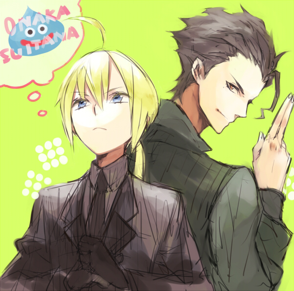 1boy 1girl ahoge artoria_pendragon_(fate) black_gloves black_hair black_necktie black_suit blonde_hair blue_eyes brown_eyes commentary_request diarmuid_ua_duibhne_(fate) diarmuid_ua_duibhne_(lancer)_(fate) dragon_quest fate/zero fate_(series) formal_clothes frown gloves green_background nakahara_(mu_tation) necktie saber_(fate) slime_(dragon_quest) smile speech_bubble suit thought_bubble