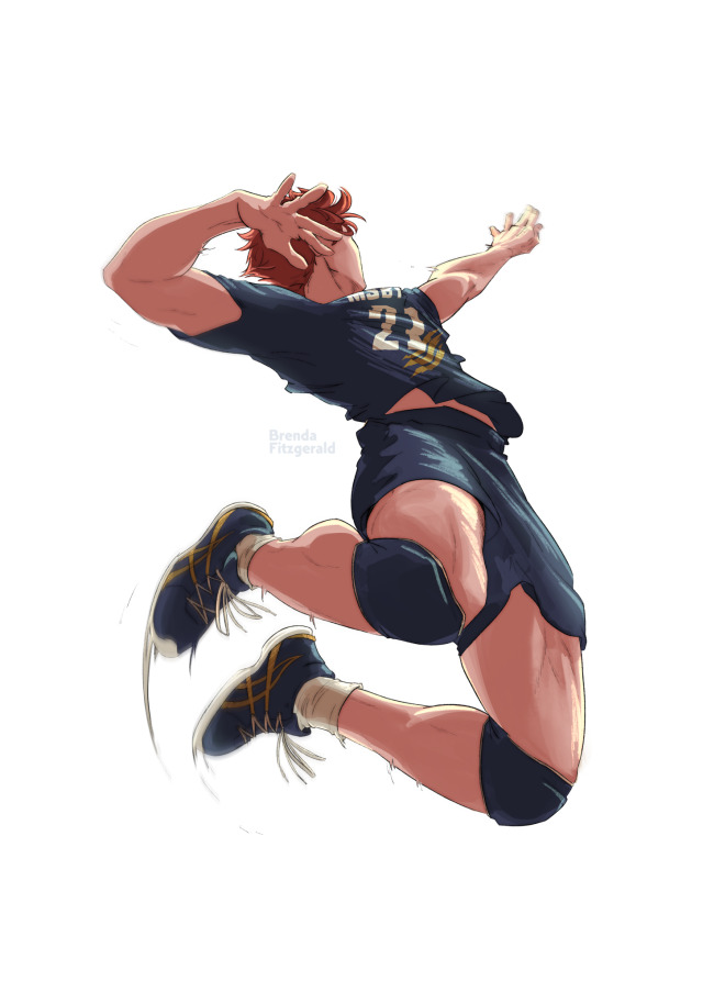 1boy action_pose blue_shirt blue_shorts brenda_fitzgerald haikyuu!! hinata_shouyou jumping knee_pads low_angle playing_sports shirt shoes shorts sneakers socks volleyball white_background white_socks