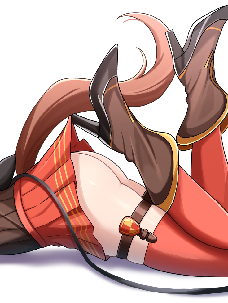 1girl ass boots brown_boots commentary_request head_out_of_frame horse_girl horse_tail lace_pantyhose_hooked_on_heel_(meme) maruzensky_(umamusume) meme red_skirt red_thighhighs simple_background skirt solo tail thighhighs thighs umamusume white_background y_k_(user_maxh5525)