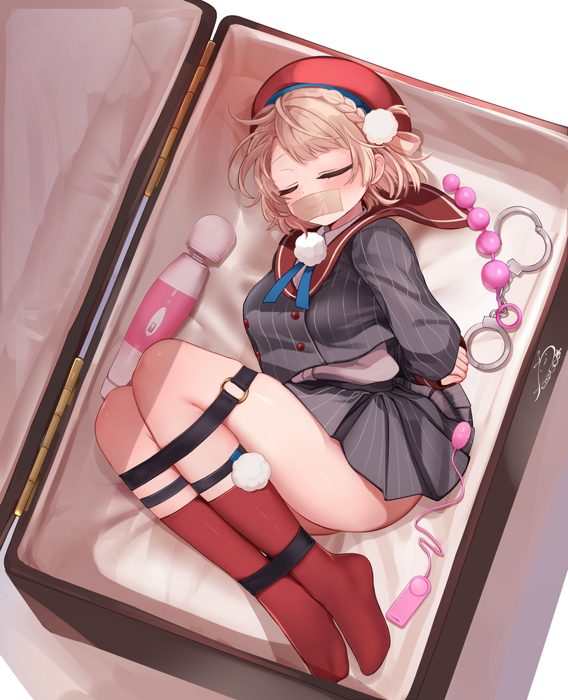 1girl arms_behind_back beret black_shirt black_skirt blush bound bound_ankles bound_legs bound_wrists box braid briefcase brown_hair closed_eyes commentary_request crown_braid cuffs egg_vibrator festa11307070 from_side gag hair_ornament hair_rings handcuffs hat hitachi_magic_wand improvised_gag in_box in_container indie_virtual_youtuber kneehighs o-ring paid_reward_available pom_pom_(clothes) pom_pom_hair_ornament red_hat red_sailor_collar red_socks restrained sailor_collar sex_toy shigure_ui_(vtuber) shigure_ui_(vtuber)_(1st_costume) shirt short_hair signature skirt socks soles solo striped_clothes striped_shirt striped_skirt tape tape_gag thighs variant_set vertical-striped_clothes vertical-striped_shirt vertical-striped_skirt vibrator virtual_youtuber white_shirt