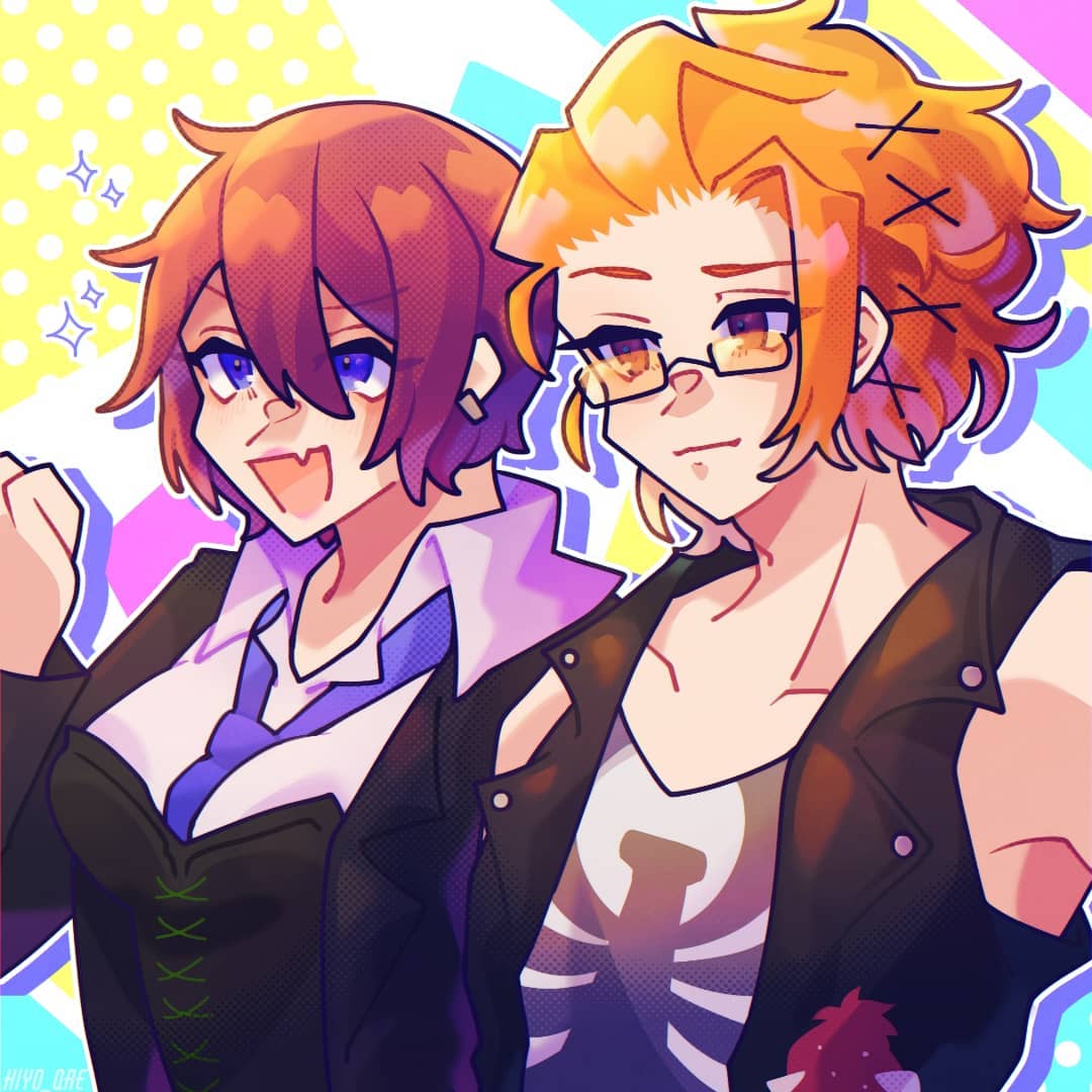 1boy 1girl black_suit black_vest blue_eyes blue_neckwear breasts brown_eyes closed_mouth collared_shirt ear_piercing eyebrows_hidden_by_hair fang glasses hiyo_qre kariya_koki lipstick makeup necktie orange_hair piercing pink_hair rectangular_eyewear shin_subarashiki_kono_sekai shirt short_hair skin_fang smile subarashiki_kono_sekai suit upper_body vest white_shirt yashiro_uzuki