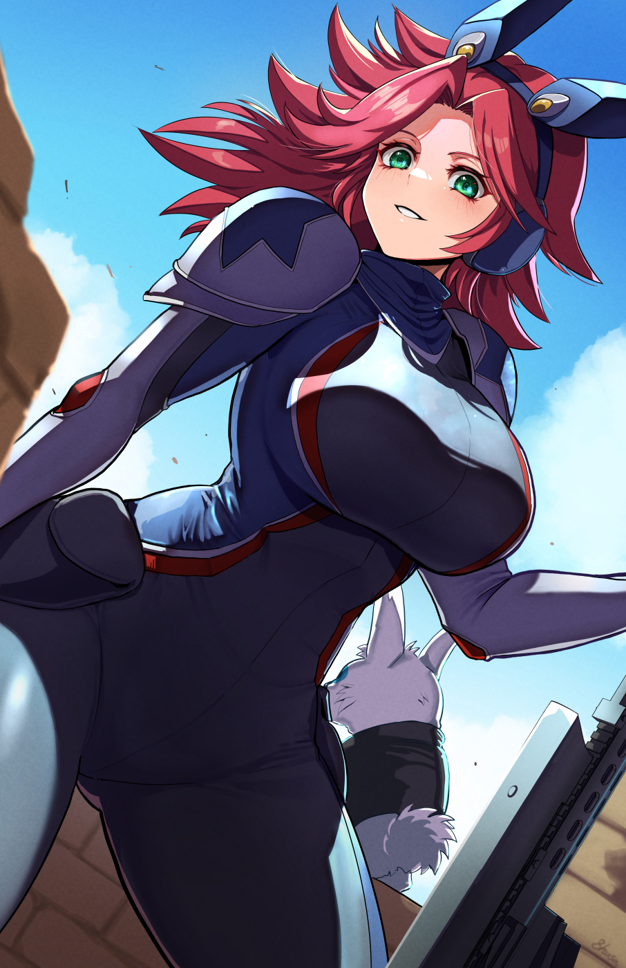 1girl animal_ear_headphones animal_ears black_hops bodysuit breasts fake_animal_ears fujioka_yatsufusa green_eyes headphones highres large_breasts long_hair mechanical_ears parted_lips penelope_freling rabbit rabbit_ears rabbit_tail red_hair tail u.s.a.-g.i.