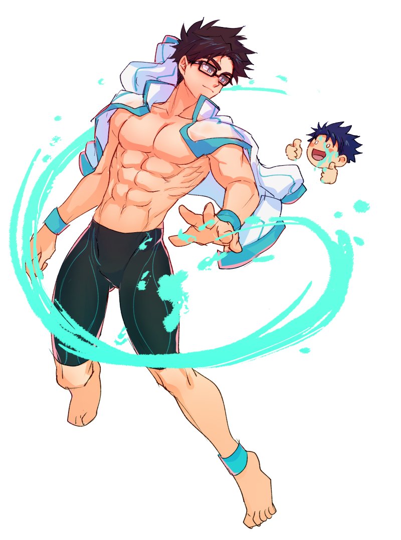 2boys abs avan_geiserford barefoot black_hair black_male_swimwear blue_eyes bracelet chibi closed_mouth cseighteen full_body glasses jacket jacket_on_shoulders jewelry jock_studio_(blits_games) male_swimwear multiple_boys muscular muscular_male navel no_nipples white_background white_jacket