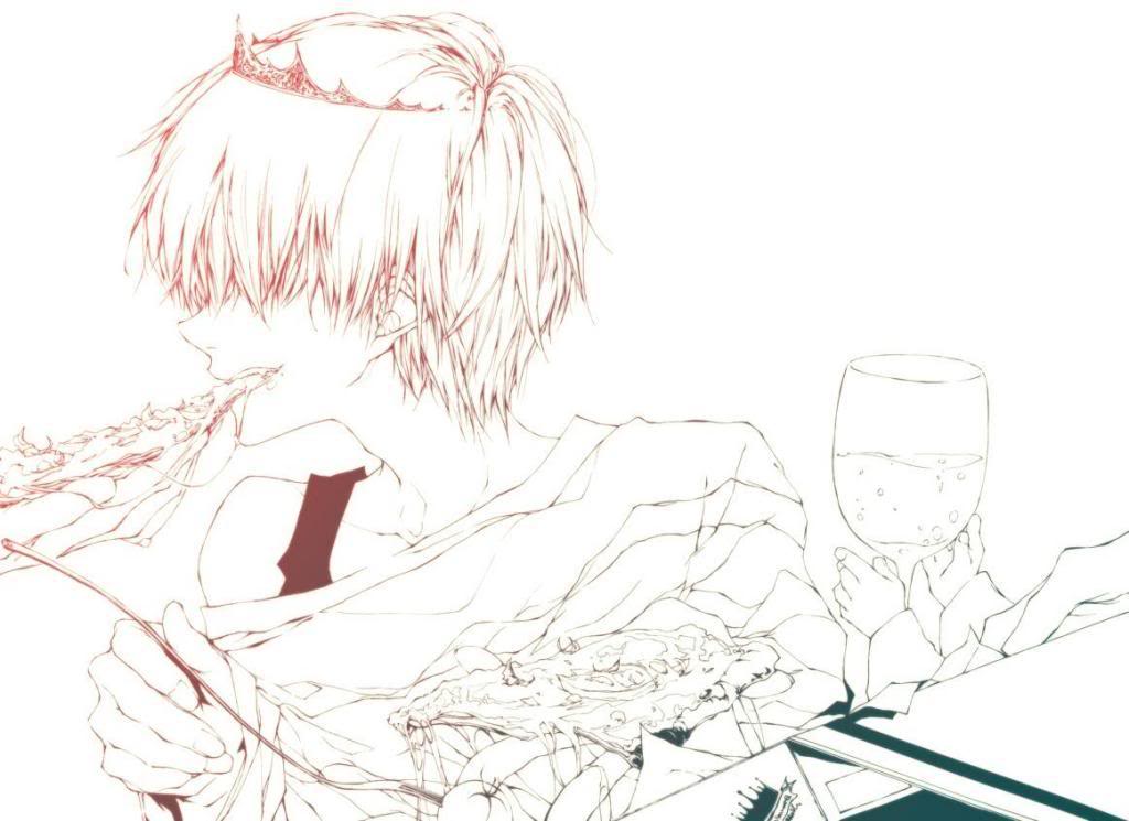 1boy artist_request belphegor_(reborn) cup drinking_glass food hair_over_eyes katekyo_hitman_reborn! male_focus mammon_(reborn) monochrome pizza shirt short_hair solo striped_clothes striped_shirt tiara wine_glass