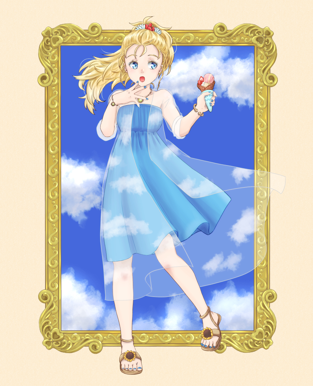 1girl blonde_hair blue_dress blue_eyes cloud dress feet final_fantasy final_fantasy_v food full_body hair_ornament highres jewelry krile_mayer_baldesion_(ff5) long_hair nail_polish necklace open_mouth picture_frame ponytail solo tachibana_mayura toes
