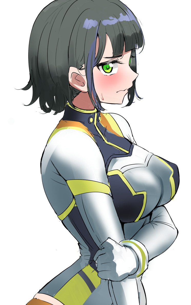 1girl black_hair blunt_bangs blush bodysuit breasts closed_mouth commentary cosplay ereka green_eyes grey_bodysuit hand_on_own_arm large_breasts link!_like!_love_live! love_live! momose_ginko official_alternate_costume short_hair sidelocks simple_background solo sweatdrop unfinished upper_body virtual_youtuber wavy_mouth white_background