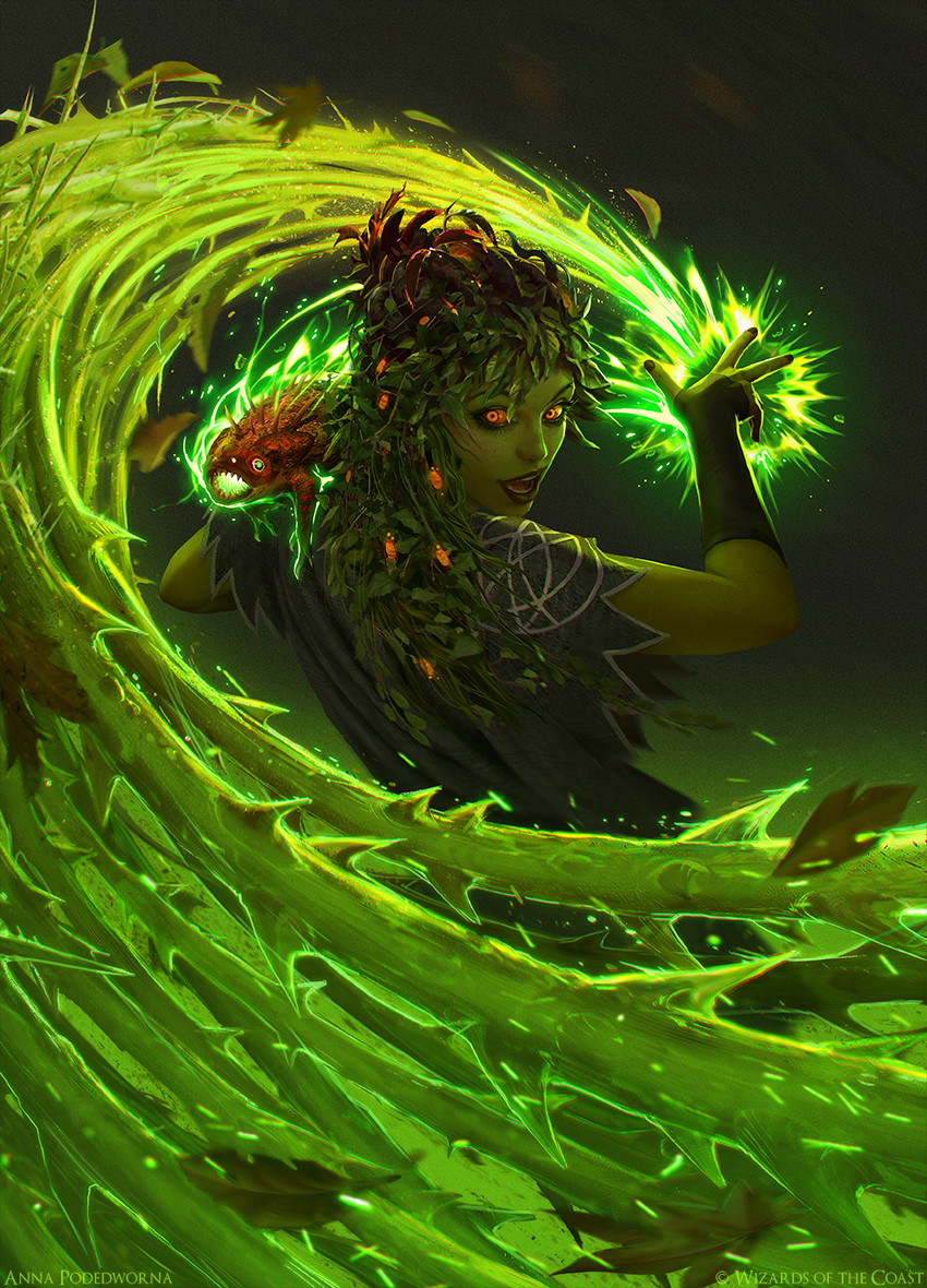 1girl akreon back colored_skin creature dryad fantasy green_hair green_skin looking_at_viewer magic magic:_the_gathering monster_girl official_art orange_eyes plant_girl plant_hair solo tagme