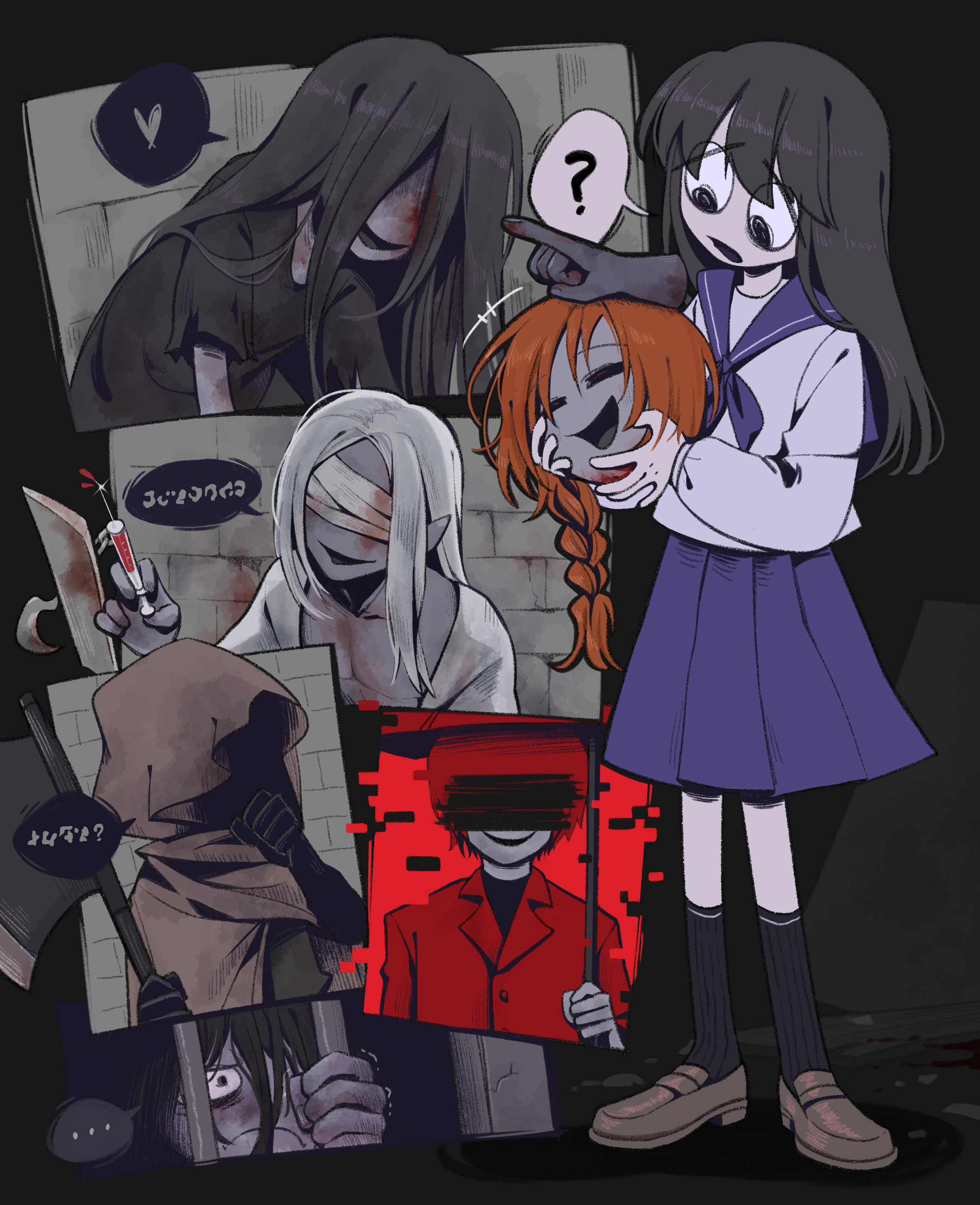 1girl 6+boys absurdres bandages bandages_over_eyes black_background black_eyes black_hair black_kimono blood blood_on_clothes blood_on_face bloody_bandages braid brown_cloak brown_hair chlorenw cloak coat heroine_(homicipher) highres holding holding_detached_head holding_syringe holding_umbrella homicipher homicipher_text hood hood_up indoors japanese_clothes kimono long_hair looking_at_another mr._chopped mr._crawling mr._gap mr._hood mr._scarletella mr._silvair multiple_boys pointy_ears red_coat red_hair school_uniform serafuku severed_head short_hair skirt syringe umbrella