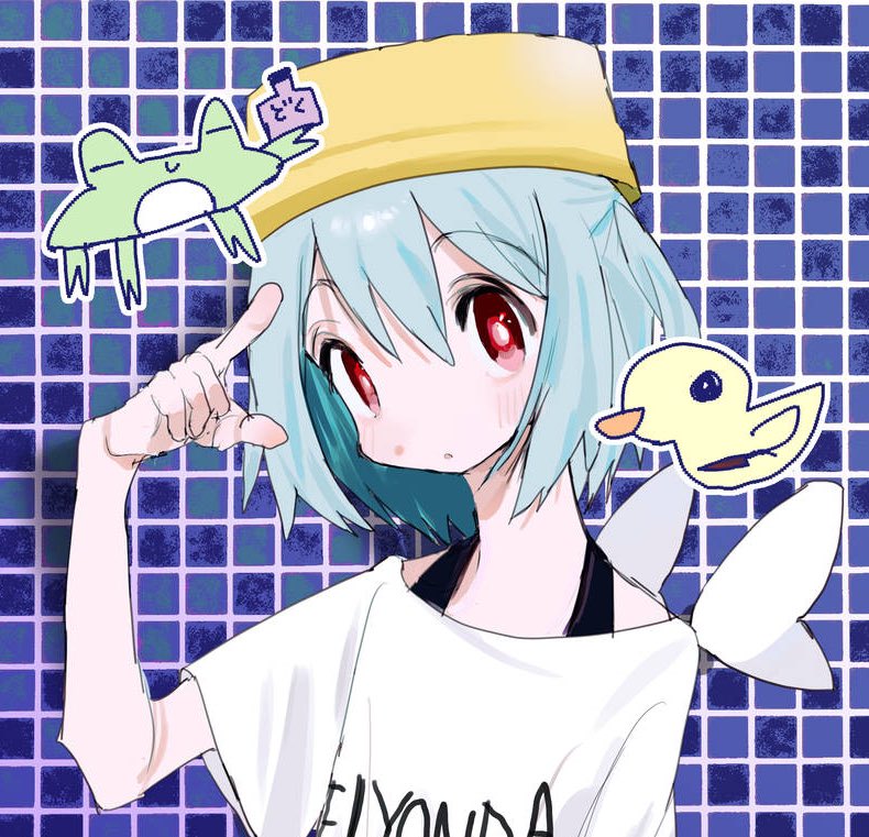 1girl blue_background blue_hair blush bucket bucket_on_head chibi chibi_inset clothes_writing commentary_request finger_to_head frog furo_hairu_profile_(vocaloid) grid_background hand_up index_finger_raised looking_at_viewer mini_wings object_on_head one_side_up parted_lips red_eyes romaji_text rubber_duck short_hair short_sleeves solo tiles upper_body vocaloid wataei wings
