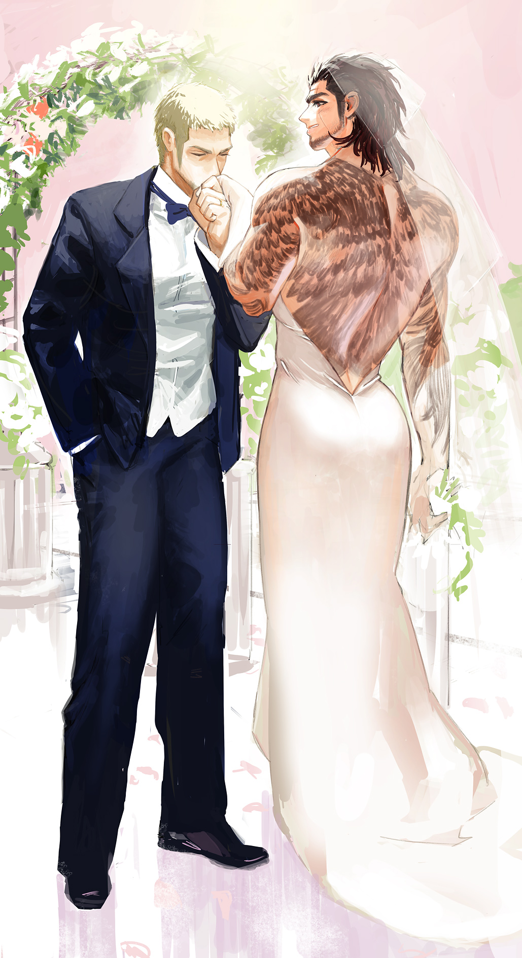 2boys alternate_costume ass back_tattoo backless_dress backless_outfit bara bare_back beard black_bow black_bowtie black_jacket black_pants black_suit bow bowtie bridal_veil cor_leonis couple crossdressing dress facial_hair final_fantasy final_fantasy_xv formal_clothes gladiolus_amicitia hair_slicked_back highres husband_and_husband in_higashiyama jacket kiss kissing_hand long_sideburns male_focus mature_male medium_hair multiple_boys muscular muscular_male pants pectorals scar scar_across_eye scar_on_face short_hair sideburns smile stubble suit tattoo traditional_bowtie undercut veil wedding wedding_dress white_dress yaoi