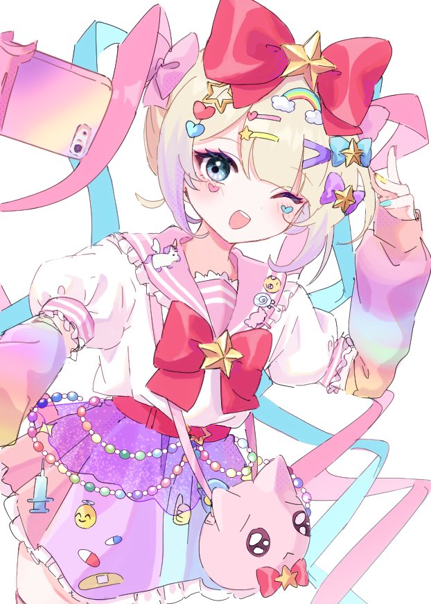 1girl animal_bag arm_warmers blonde_hair blue_bow blue_eyes blue_hair bow candy cat_bag chouzetsusaikawa_tenshi-chan cowboy_shot decora emoji food hair_bow hair_ornament hairclip hand_up heart heart_hair_ornament holding holding_phone kabe_(zp66104) lollipop long_hair looking_at_viewer multicolored_hair needy_girl_overdose official_alternate_costume one_eye_closed open_mouth phone pien_cat_(needy_girl_overdose) pill pink_hair pink_sailor_collar pleading_face_emoji puffy_short_sleeves puffy_sleeves purple_bow quad_tails rainbow_hair_ornament red_bow sailor_collar selfie selfie_stick shirt short_sleeves smile solo standing star_(symbol) syringe taking_picture white_background white_shirt