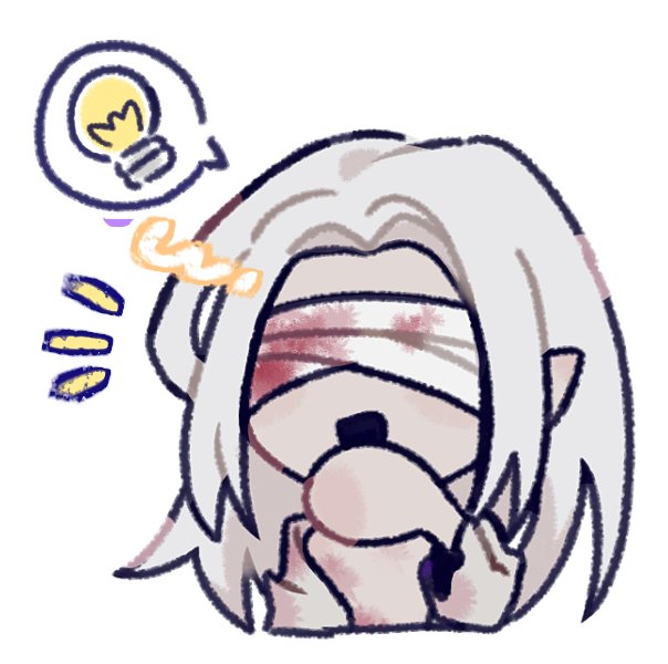 1boy bandages bandages_over_eyes blood bloody_bandages blueskyuup chibi commentary_request grey_hair homicipher korean_commentary light_bulb long_hair male_focus mr._silvair notice_lines pointy_ears simple_background solo spoken_light_bulb upper_body white_background