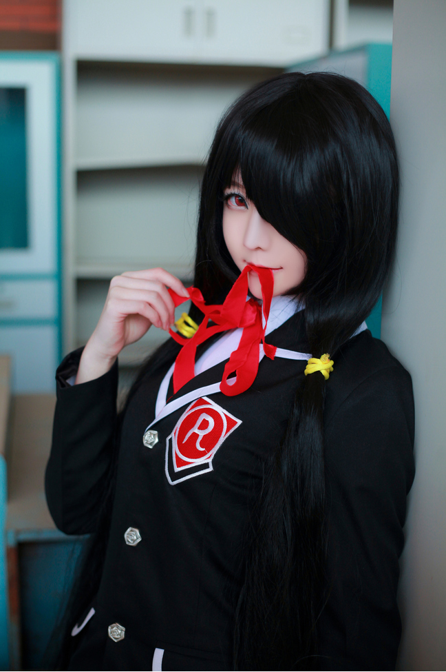 1girl artist_request asian black_hair blazer blurry color_contacts cosplay date_a_live depth_of_field female_focus hair_over_one_eye jacket long_hair looking_at_viewer makeup mascara mouth_hold neck_ribbon photo_(medium) red_eyes ribbon school_uniform solo tokisaki_kurumi tokisaki_kurumi_(cosplay) twintails upper_body