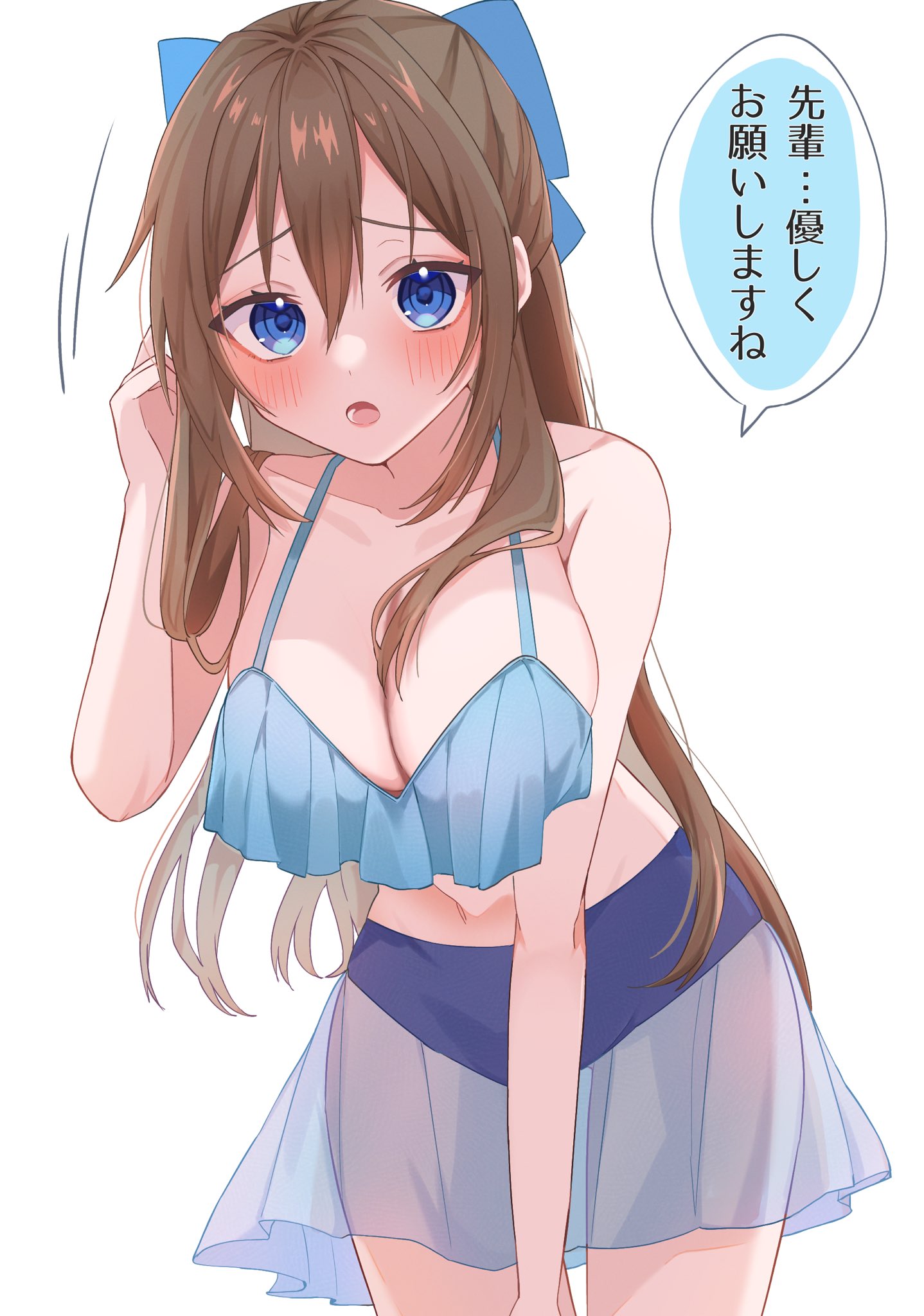 1girl adjusting_hair bikini blue_bikini blue_bow blue_eyes blush bow breasts brown_hair cleavage collarbone commentary_request frilled_bikini frills furrowed_brow hair_between_eyes hair_bow highres large_breasts leaning_forward long_hair looking_at_viewer love_live! love_live!_nijigasaki_high_school_idol_club midriff navel open_mouth osora_dao osaka_shizuku sidelocks solo speech_bubble swimsuit translation_request upper_body white_background